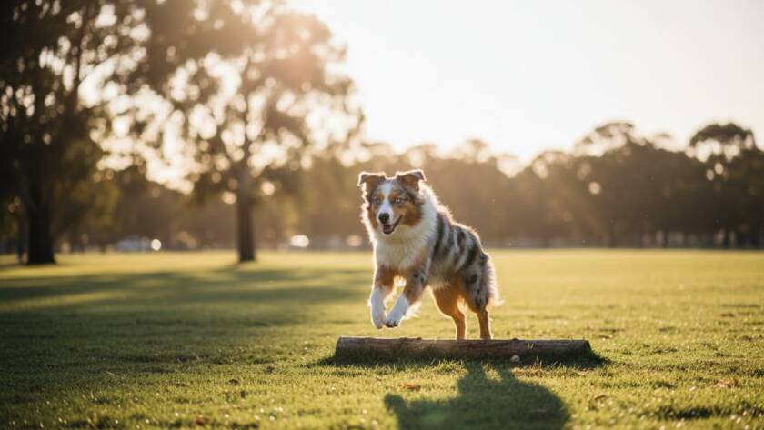 An epic moment captured in Noble Park pet photography capturing unique animal bonds, featuring a majestic Australian Shepherd mid-leap in a sun-drenched park, vibrant green grass and trees in the background, dramatic golden hour lighting, professional colour grading.