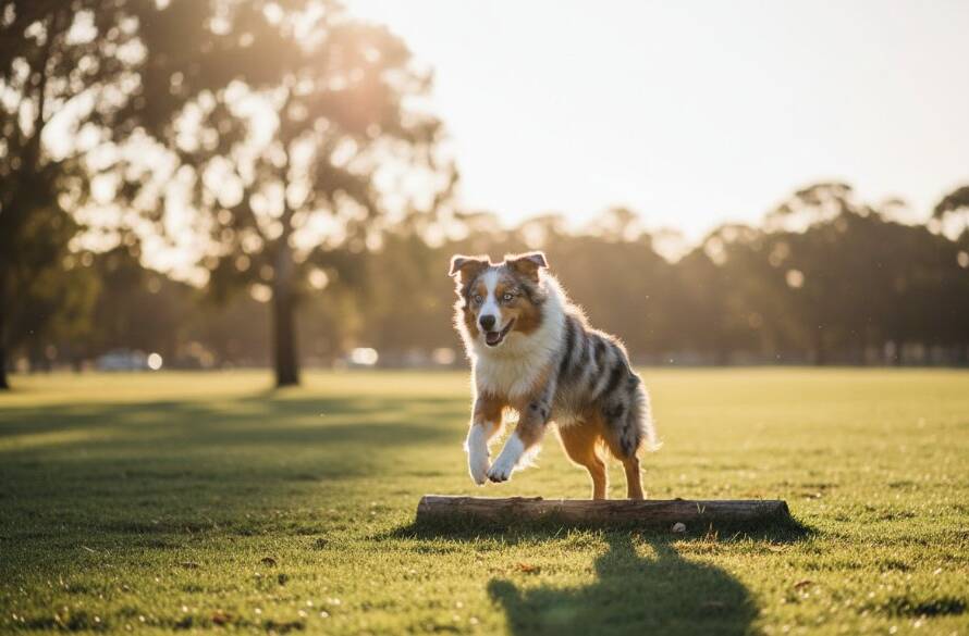 An epic moment captured in Noble Park pet photography capturing unique animal bonds, featuring a majestic Australian Shepherd mid-leap in a sun-drenched park, vibrant green grass and trees in the background, dramatic golden hour lighting, professional colour grading.