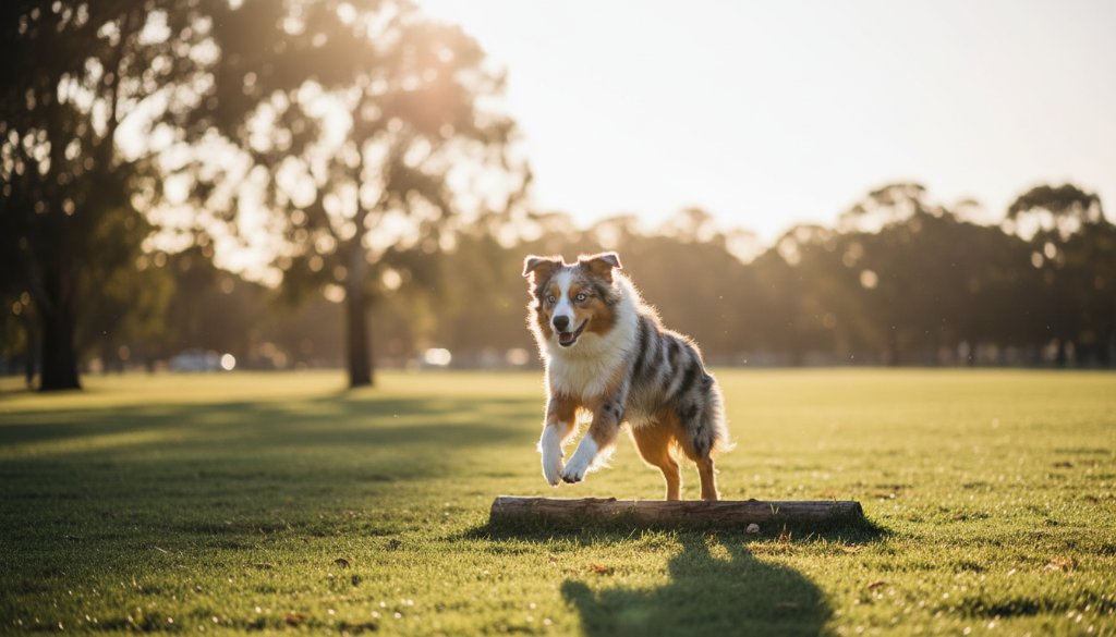 An epic moment captured in Noble Park pet photography capturing unique animal bonds, featuring a majestic Australian Shepherd mid-leap in a sun-drenched park, vibrant green grass and trees in the background, dramatic golden hour lighting, professional colour grading.