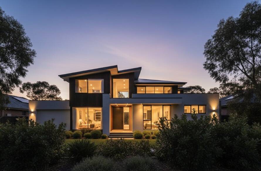 A breathtaking twilight shot of a modern family home in Noble Park, Victoria, with warm interior lights glowing, perfectly illustrating how Noble Park Real Estate Photography Unlocks Property Potential through stunning visual appeal.