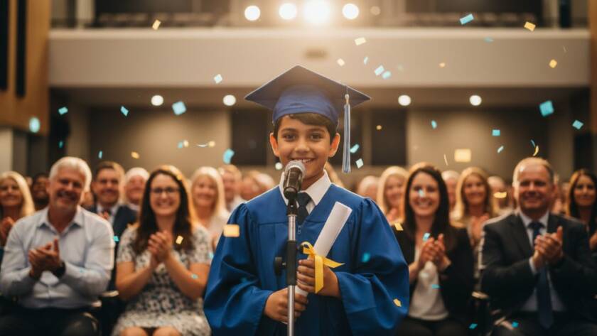 A vibrant, emotionally resonant photograph of two students, one proudly holding up a science project and the other applauding with genuine joy, set against the modern backdrop of a Noble Park school classroom filled with natural light, capturing Noble Park school photography capturing authentic student milestones with dramatic, professional lighting and rich, true-to-life colours.