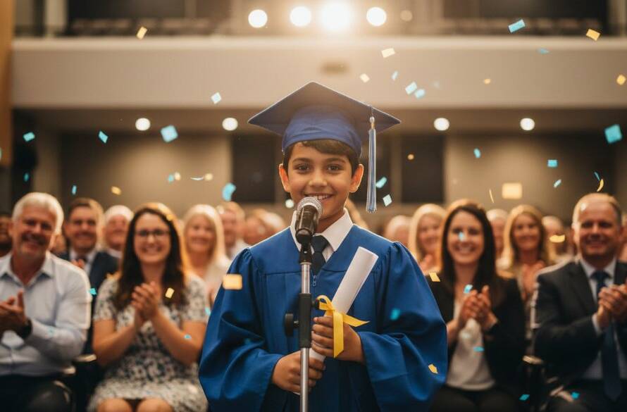 A vibrant, emotionally resonant photograph of two students, one proudly holding up a science project and the other applauding with genuine joy, set against the modern backdrop of a Noble Park school classroom filled with natural light, capturing Noble Park school photography capturing authentic student milestones with dramatic, professional lighting and rich, true-to-life colours.