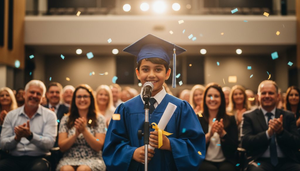 A vibrant, emotionally resonant photograph of two students, one proudly holding up a science project and the other applauding with genuine joy, set against the modern backdrop of a Noble Park school classroom filled with natural light, capturing Noble Park school photography capturing authentic student milestones with dramatic, professional lighting and rich, true-to-life colours.