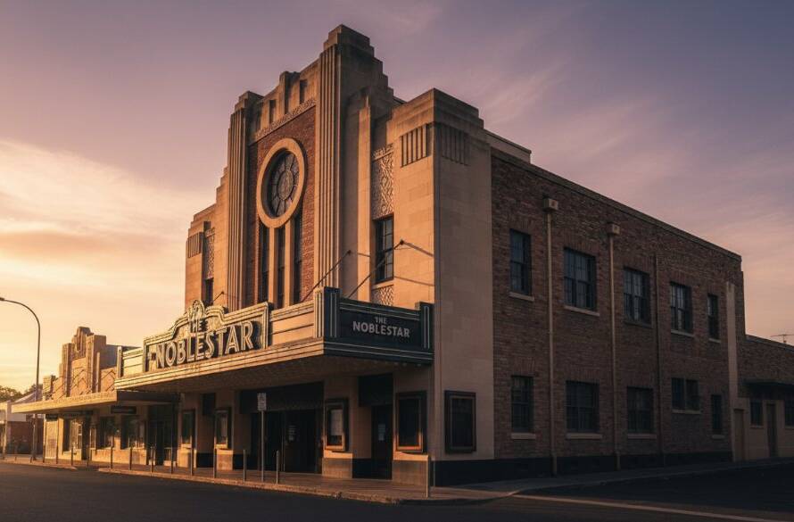An epic, dramatic wide-angle shot showcasing the unique architectural beauty of a historic building in Noble Park, Victoria, bathed in the golden light of dawn, emphasizing the intricate details for stunning Noble Park Victoria architectural photography.
