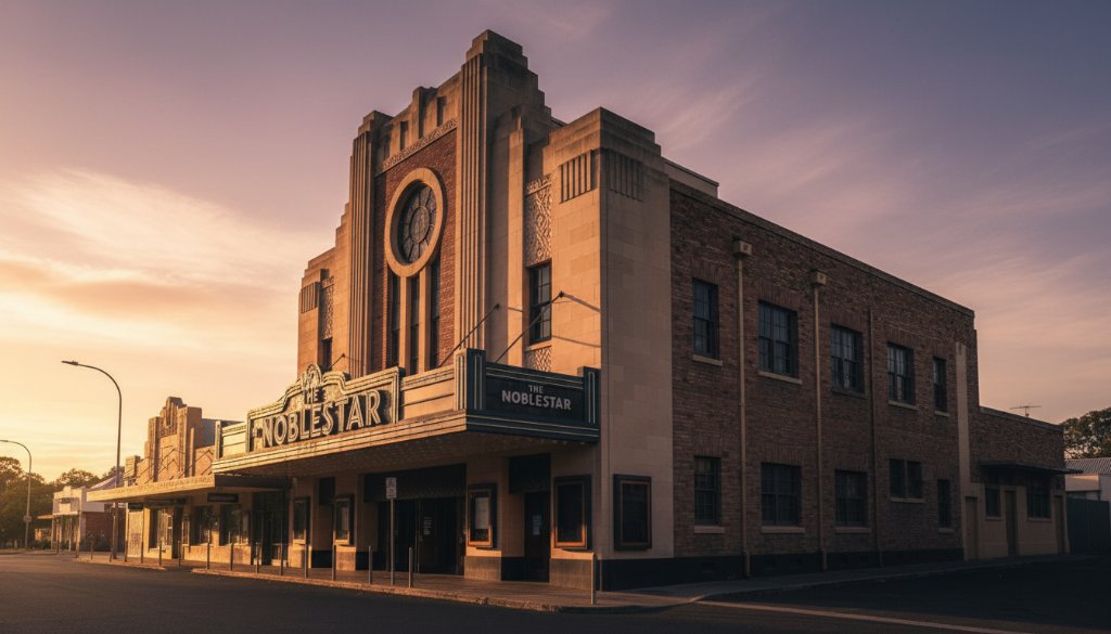 An epic, dramatic wide-angle shot showcasing the unique architectural beauty of a historic building in Noble Park, Victoria, bathed in the golden light of dawn, emphasizing the intricate details for stunning Noble Park Victoria architectural photography.