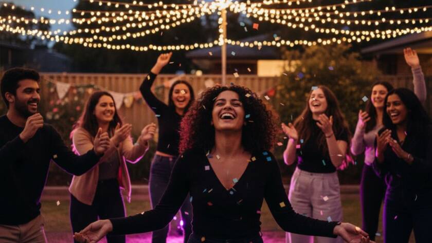 A candid, high-energy shot capturing a group of friends laughing and dancing under vibrant disco lights at a party in Noble Park, Victoria, perfectly embodying noble park victoria party photography epic moments, with dramatic lighting and professional colour grading.