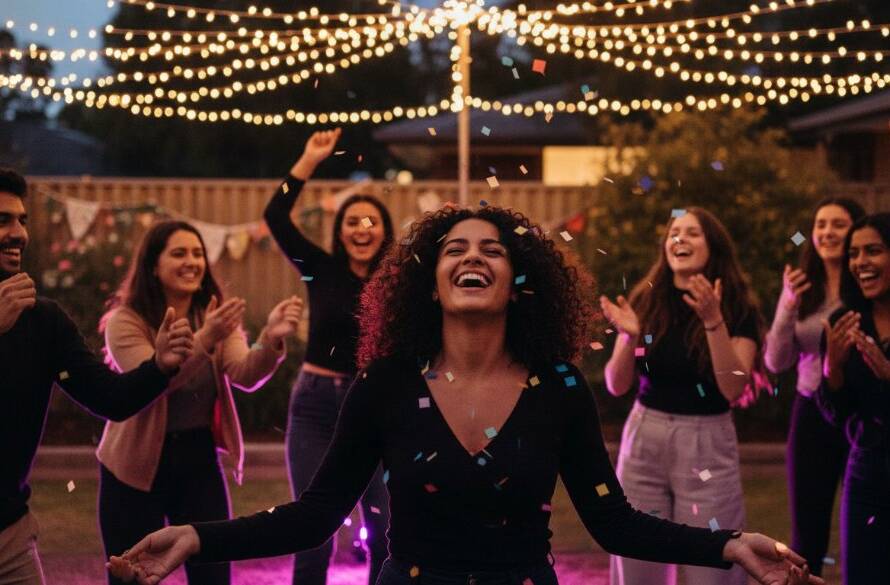 A candid, high-energy shot capturing a group of friends laughing and dancing under vibrant disco lights at a party in Noble Park, Victoria, perfectly embodying noble park victoria party photography epic moments, with dramatic lighting and professional colour grading.