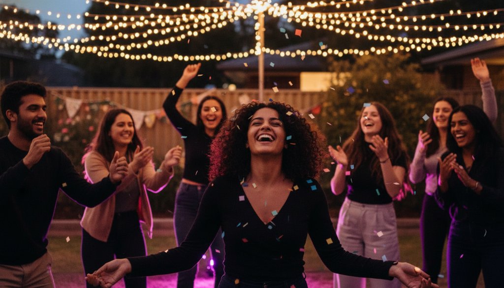 A candid, high-energy shot capturing a group of friends laughing and dancing under vibrant disco lights at a party in Noble Park, Victoria, perfectly embodying noble park victoria party photography epic moments, with dramatic lighting and professional colour grading.