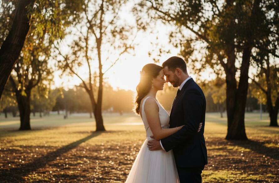 An epic, cinematic photograph showcasing Noble Park Wedding Photography Capturing Joyful Moments, featuring a newlywed couple silhouetted against a dramatic sunset at a local park, embracing with genuine happiness.