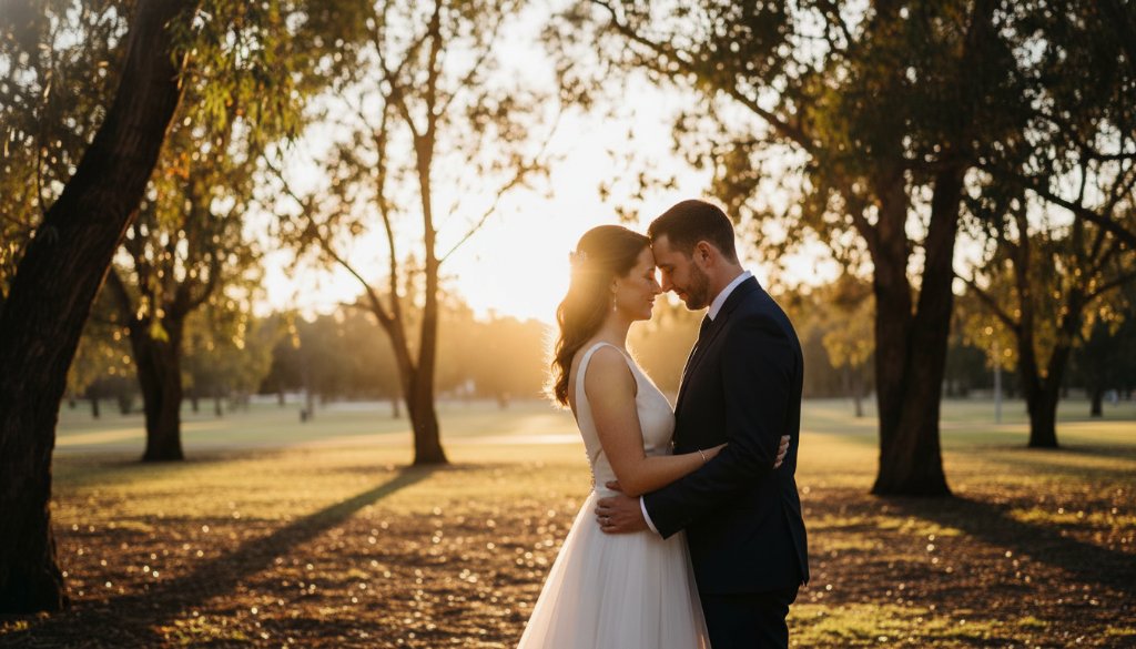 An epic, cinematic photograph showcasing Noble Park Wedding Photography Capturing Joyful Moments, featuring a newlywed couple silhouetted against a dramatic sunset at a local park, embracing with genuine happiness.