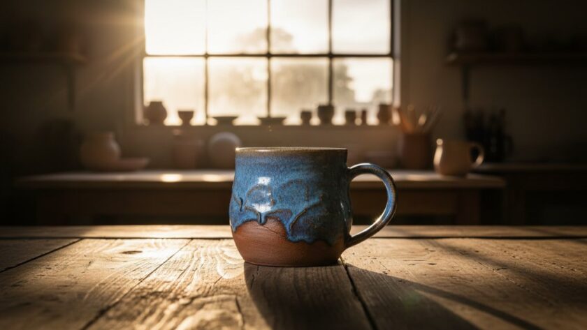 Dramatic close-up of a handcrafted ceramic mug, showcasing intricate details, bathed in warm, directional light against a subtle, rustic backdrop in a North Geelong artisan workshop, embodying North Geelong bespoke artisan product photography excellence.
