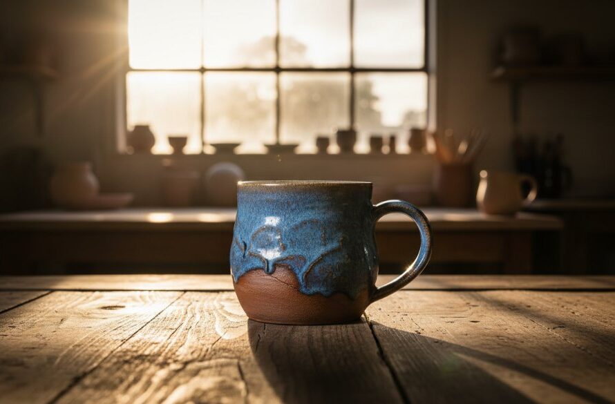 Dramatic close-up of a handcrafted ceramic mug, showcasing intricate details, bathed in warm, directional light against a subtle, rustic backdrop in a North Geelong artisan workshop, embodying North Geelong bespoke artisan product photography excellence.