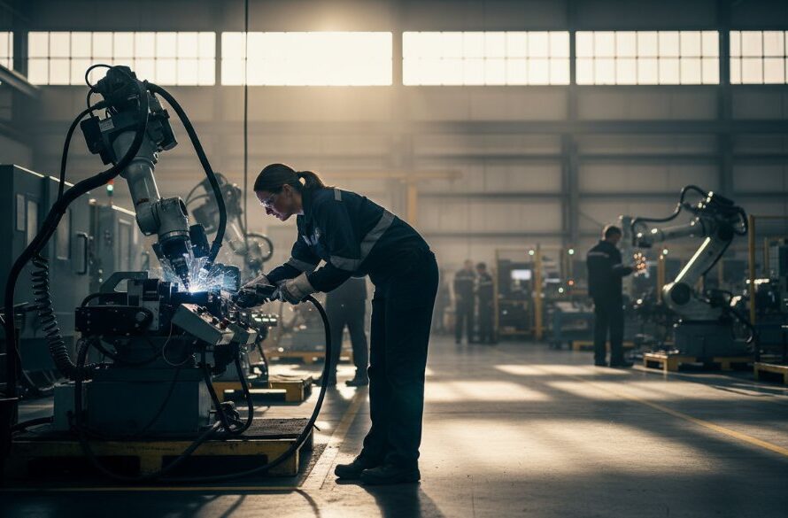 Dynamic wide-angle shot of a bustling, modern manufacturing floor in North Geelong, showcasing skilled engineers operating advanced machinery, dramatically lit by shafts of warm sunlight through high windows, expertly captured by North Geelong commercial photography for local businesses.