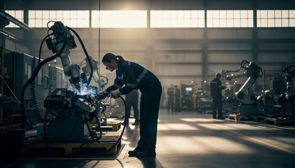 Dynamic wide-angle shot of a bustling, modern manufacturing floor in North Geelong, showcasing skilled engineers operating advanced machinery, dramatically lit by shafts of warm sunlight through high windows, expertly captured by North Geelong commercial photography for local businesses.