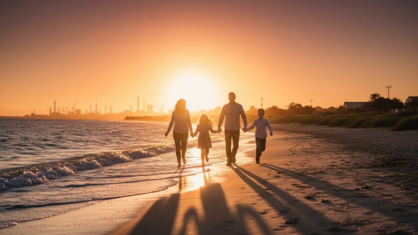 An epic moment in North Geelong family photography capturing genuine moments, featuring a family laughing joyfully as they walk along the waterfront near Rippleside Park at sunset, their silhouettes highlighted against the golden light, showcasing deep emotional connection.