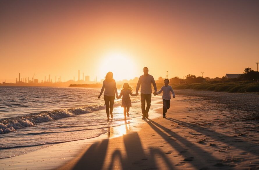 An epic moment in North Geelong family photography capturing genuine moments, featuring a family laughing joyfully as they walk along the waterfront near Rippleside Park at sunset, their silhouettes highlighted against the golden light, showcasing deep emotional connection.