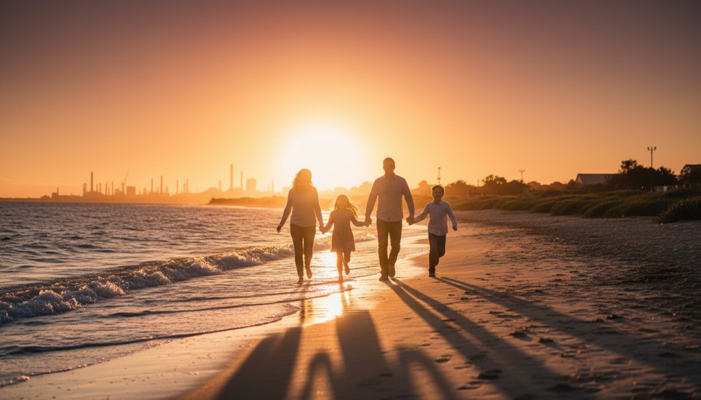 An epic moment in North Geelong family photography capturing genuine moments, featuring a family laughing joyfully as they walk along the waterfront near Rippleside Park at sunset, their silhouettes highlighted against the golden light, showcasing deep emotional connection.