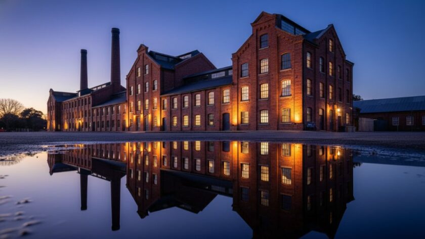 Dramatic wide-angle shot of a beautifully restored historic wool mill in North Geelong, showcasing its intricate brickwork and large arched windows at twilight, with the industrial facade dramatically lit by warm artificial light, highlighting the exceptional detail captured by North Geelong heritage architecture photography services.