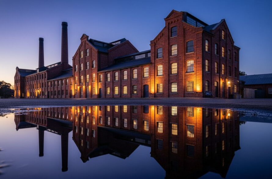Dramatic wide-angle shot of a beautifully restored historic wool mill in North Geelong, showcasing its intricate brickwork and large arched windows at twilight, with the industrial facade dramatically lit by warm artificial light, highlighting the exceptional detail captured by North Geelong heritage architecture photography services.