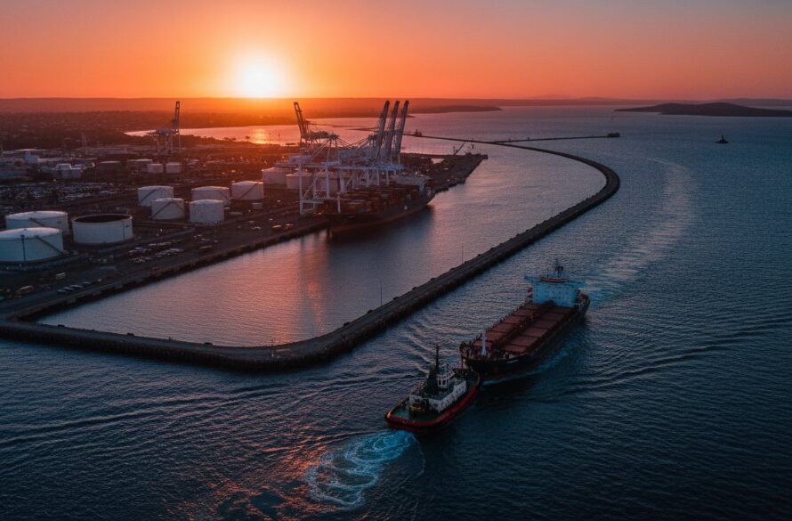 An epic moment captured by North Geelong industrial drone photography services, showing the dramatic sunset over the North Geelong waterfront, with a lone cargo ship departing, framed by the industrial silhouettes of the port and reflections on the water, highlighting the area's robust industrial character.