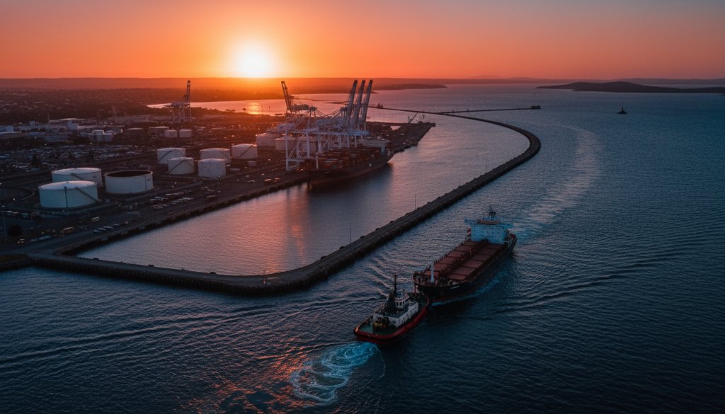 An epic moment captured by North Geelong industrial drone photography services, showing the dramatic sunset over the North Geelong waterfront, with a lone cargo ship departing, framed by the industrial silhouettes of the port and reflections on the water, highlighting the area's robust industrial character.