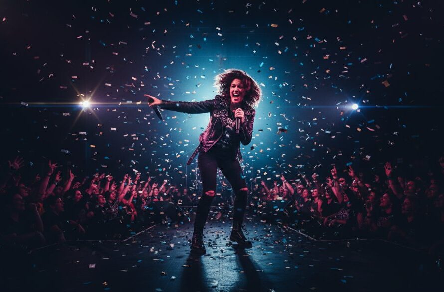 An electrifying stage shot showcasing the North Geelong live music photography magic, with a guitarist caught mid-shred under dramatic spotlights, surrounded by an energetic, blurred crowd, capturing a peak moment of performance.