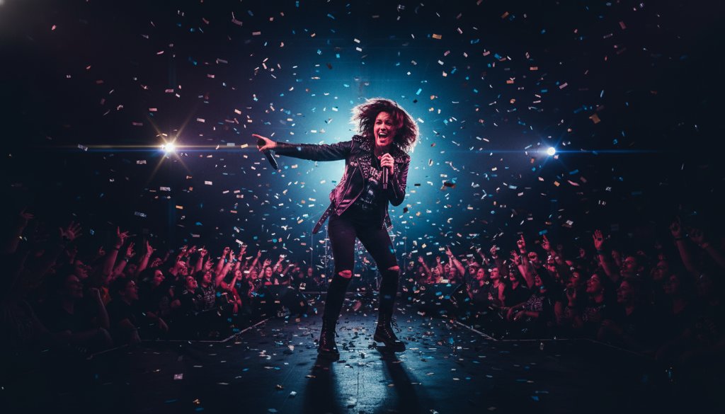 An electrifying stage shot showcasing the North Geelong live music photography magic, with a guitarist caught mid-shred under dramatic spotlights, surrounded by an energetic, blurred crowd, capturing a peak moment of performance.