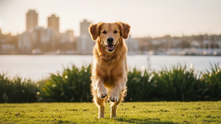 An adventurous golden retriever captured mid-leap at North Geelong's Rippleside Park during golden hour, embodying North Geelong pet photography preserving cherished memories, with the Geelong waterfront in the blurred background. Professional, dramatic lighting.