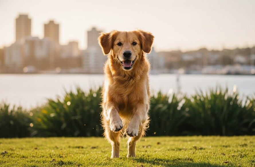 An adventurous golden retriever captured mid-leap at North Geelong's Rippleside Park during golden hour, embodying North Geelong pet photography preserving cherished memories, with the Geelong waterfront in the blurred background. Professional, dramatic lighting.