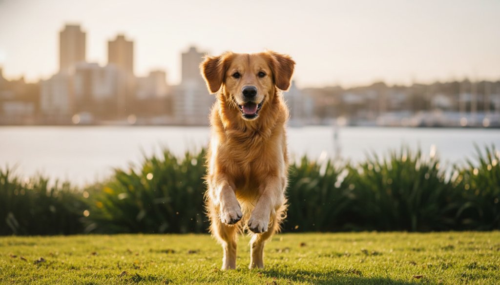 An adventurous golden retriever captured mid-leap at North Geelong's Rippleside Park during golden hour, embodying North Geelong pet photography preserving cherished memories, with the Geelong waterfront in the blurred background. Professional, dramatic lighting.