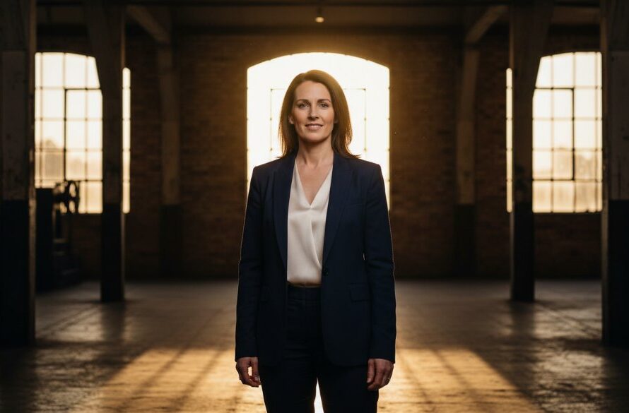 A confident professional woman in her late 30s, dressed in modern business attire, stands silhouetted against the industrial-chic backdrop of North Geelong's historic wool mills at dusk, a subtle golden hour glow catching her hair. She is looking directly at the camera with a determined yet approachable expression, hands clasped loosely. The composition emphasizes her strength and professionalism, capturing an epic moment for North Geelong professional headshots for career advancement, with dramatic lighting and professional colour grading.