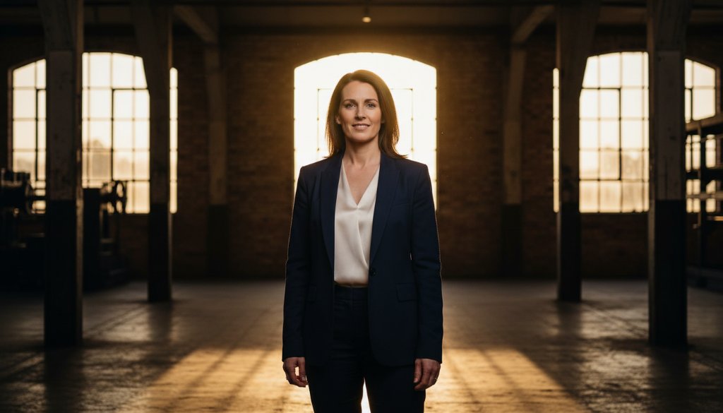 A confident professional woman in her late 30s, dressed in modern business attire, stands silhouetted against the industrial-chic backdrop of North Geelong's historic wool mills at dusk, a subtle golden hour glow catching her hair. She is looking directly at the camera with a determined yet approachable expression, hands clasped loosely. The composition emphasizes her strength and professionalism, capturing an epic moment for North Geelong professional headshots for career advancement, with dramatic lighting and professional colour grading.