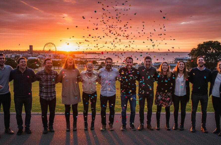 A wide-angle, dynamic photograph capturing a joyous, spontaneous dance moment at a North Geelong vibrant event photography celebrations, featuring guests laughing and moving under string lights near the Corio Bay waterfront at dusk, professionally colour graded.