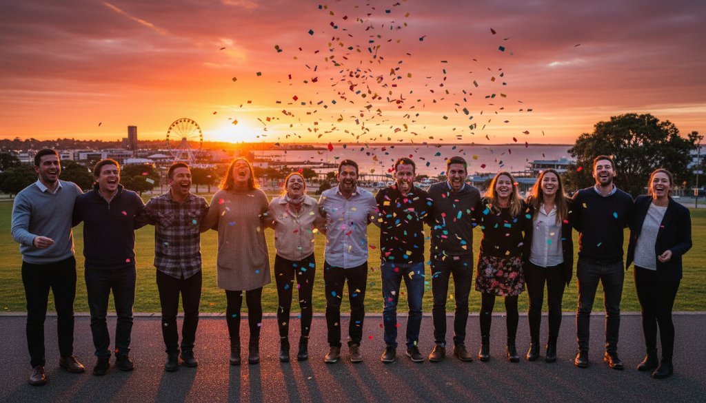 A wide-angle, dynamic photograph capturing a joyous, spontaneous dance moment at a North Geelong vibrant event photography celebrations, featuring guests laughing and moving under string lights near the Corio Bay waterfront at dusk, professionally colour graded.