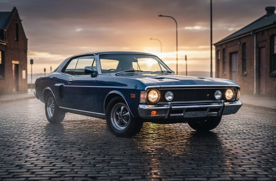 Dramatic wide-angle shot of a meticulously restored vintage muscle car, gleaming under golden hour light against the rustic industrial landscape of North Geelong, showcasing expert North Geelong vintage vehicle photography.