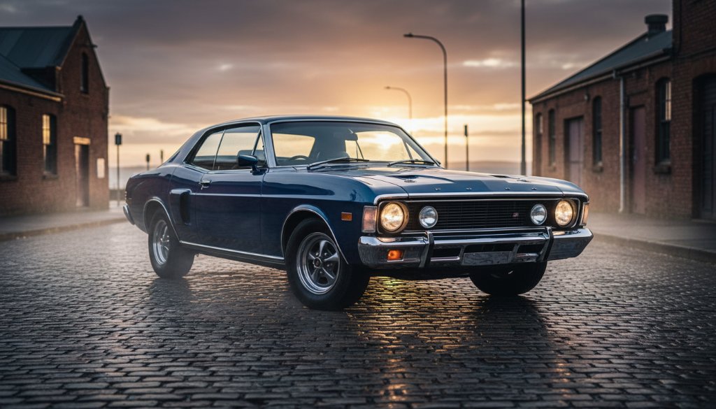 Dramatic wide-angle shot of a meticulously restored vintage muscle car, gleaming under golden hour light against the rustic industrial landscape of North Geelong, showcasing expert North Geelong vintage vehicle photography.