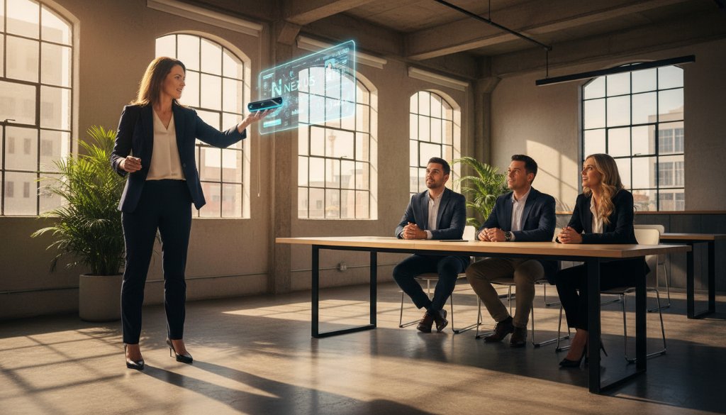 An epic moment of a local artisan showcasing their craft in a modern Notting Hill studio, dramatically lit for impactful commercial photography for local businesses, capturing skill and passion.