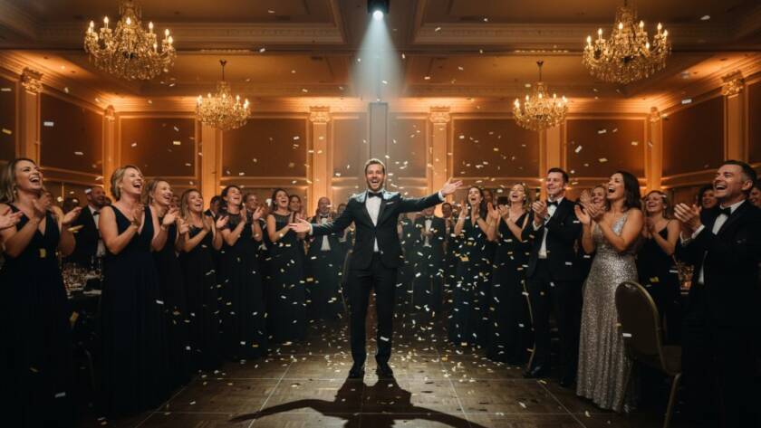 Notting Hill event photography authentic moments captured beautifully. A professional, wide-angle shot of a joyous wedding couple laughing spontaneously during their reception at a stylish venue in Notting Hill, Melbourne, surrounded by celebrating guests. Dramatic golden hour lighting streams through large windows, creating a warm, cinematic glow. The composition highlights genuine emotion and candid interaction, showcasing the lively atmosphere of the event.