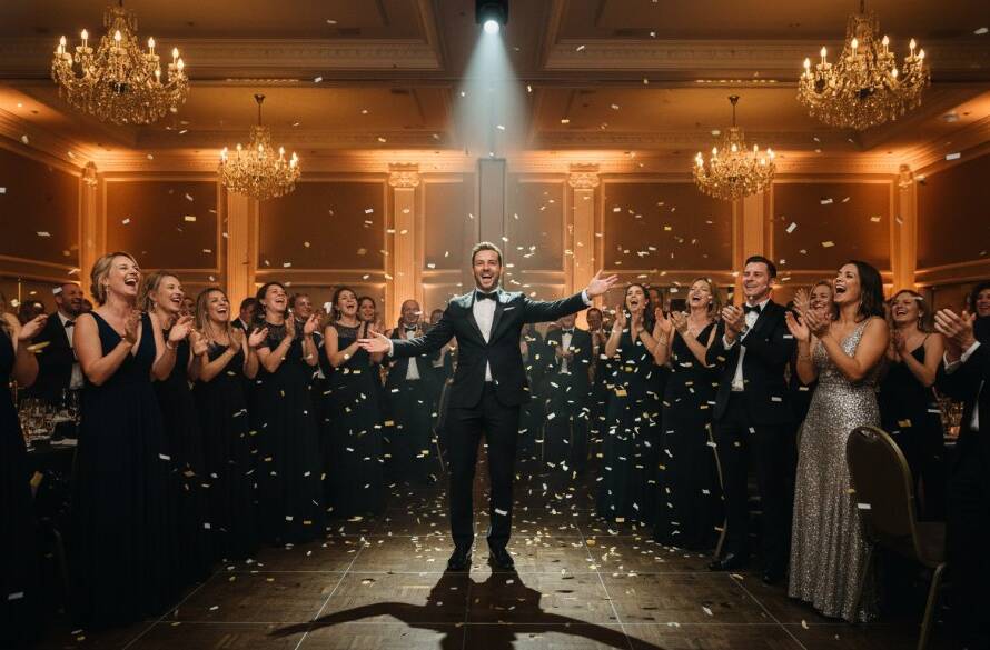 Notting Hill event photography authentic moments captured beautifully. A professional, wide-angle shot of a joyous wedding couple laughing spontaneously during their reception at a stylish venue in Notting Hill, Melbourne, surrounded by celebrating guests. Dramatic golden hour lighting streams through large windows, creating a warm, cinematic glow. The composition highlights genuine emotion and candid interaction, showcasing the lively atmosphere of the event.