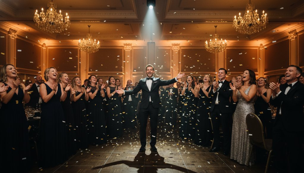 Notting Hill event photography authentic moments captured beautifully. A professional, wide-angle shot of a joyous wedding couple laughing spontaneously during their reception at a stylish venue in Notting Hill, Melbourne, surrounded by celebrating guests. Dramatic golden hour lighting streams through large windows, creating a warm, cinematic glow. The composition highlights genuine emotion and candid interaction, showcasing the lively atmosphere of the event.