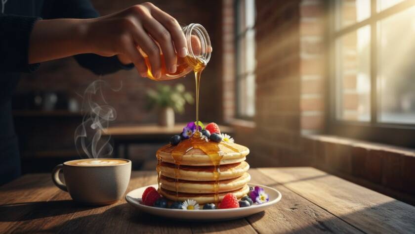 Dramatic overhead shot of a beautifully styled artisan brunch spread, featuring colourful dishes and coffee, on a rustic timber table inside a sunlit Notting Hill cafe, showcasing Notting Hill food photography storytelling for Melbourne cafes.
