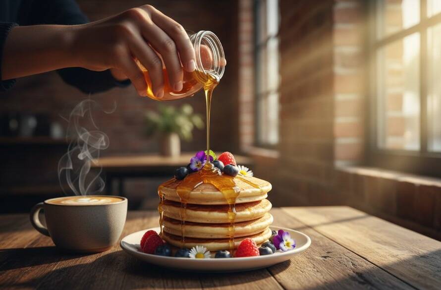 Dramatic overhead shot of a beautifully styled artisan brunch spread, featuring colourful dishes and coffee, on a rustic timber table inside a sunlit Notting Hill cafe, showcasing Notting Hill food photography storytelling for Melbourne cafes.