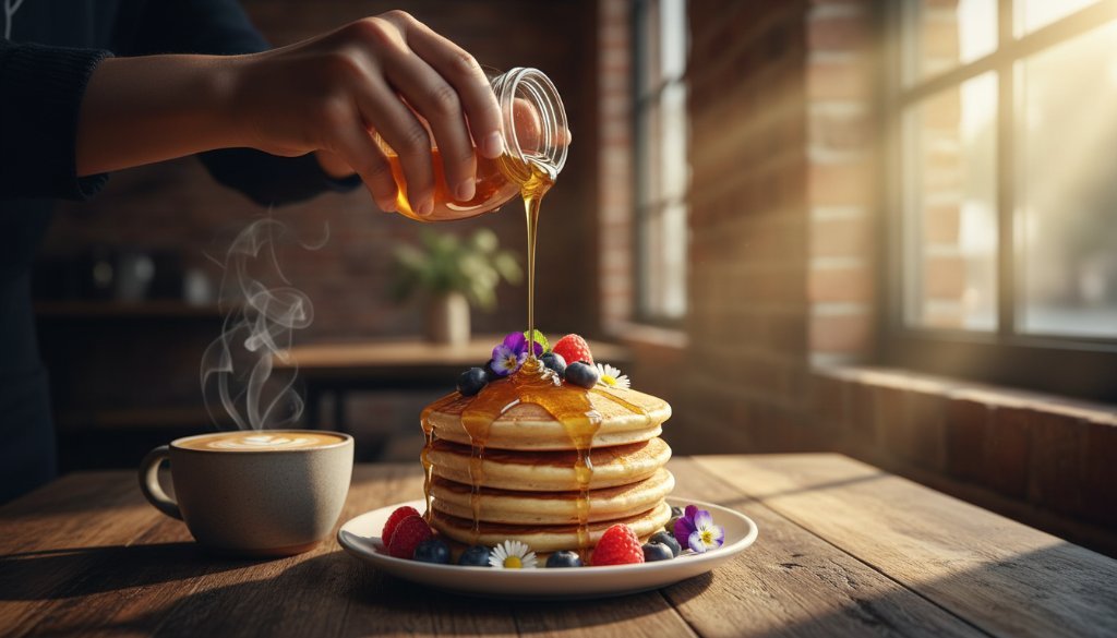 Dramatic overhead shot of a beautifully styled artisan brunch spread, featuring colourful dishes and coffee, on a rustic timber table inside a sunlit Notting Hill cafe, showcasing Notting Hill food photography storytelling for Melbourne cafes.