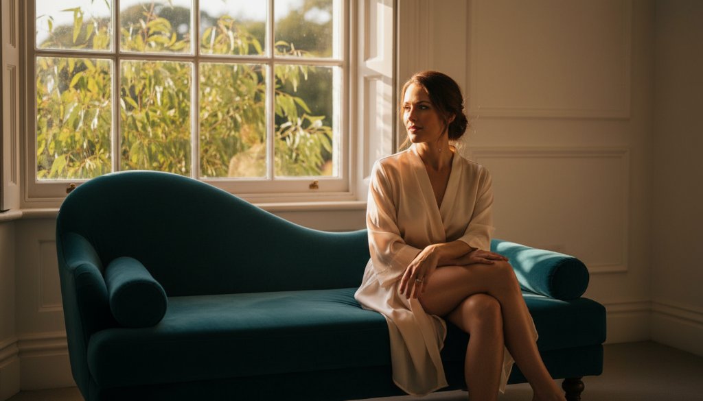 A confident woman in a sheer, flowing white robe, bathed in dramatic golden hour sunlight filtering through a large window, sitting gracefully on a plush chaise lounge in a sophisticated room in Notting Hill, capturing the essence of a Notting Hill intimate boudoir photography experience with elegance and serenity.