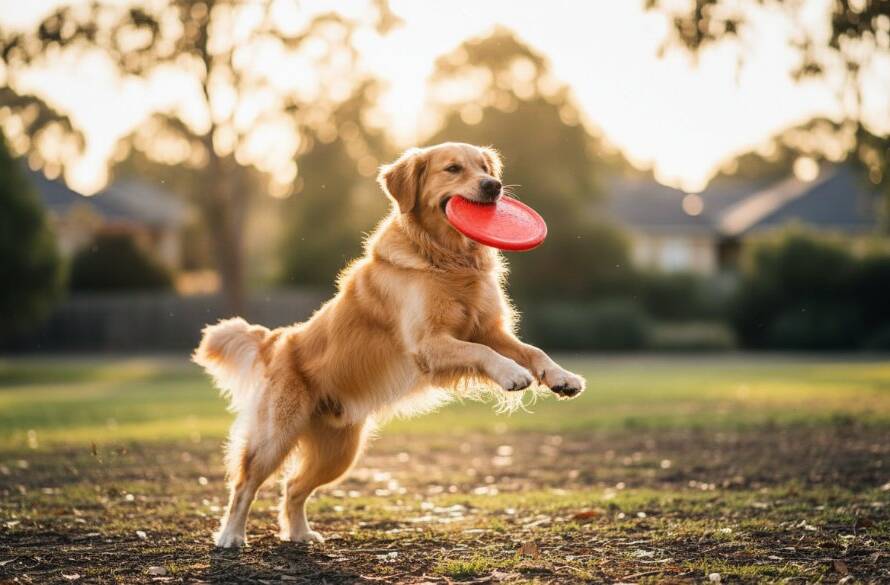 An epic moment of a joyful golden retriever leaping gracefully in a Notting Hill park, bathed in golden hour sunlight, capturing Notting Hill pet photography vibrant dog portraits with dynamic action.