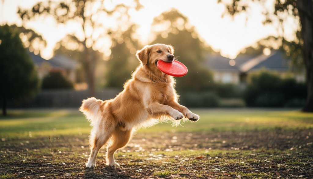 An epic moment of a joyful golden retriever leaping gracefully in a Notting Hill park, bathed in golden hour sunlight, capturing Notting Hill pet photography vibrant dog portraits with dynamic action.