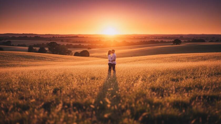 A breathtaking wide shot capturing a couple embracing passionately at sunset amidst the golden fields of Notting Hill, featuring dramatic backlighting and a romantic mood, ideal for Notting Hill pre-wedding photography romantic Melbourne photoshoot.