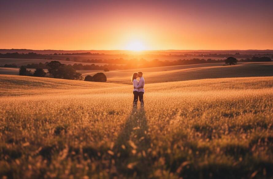 A breathtaking wide shot capturing a couple embracing passionately at sunset amidst the golden fields of Notting Hill, featuring dramatic backlighting and a romantic mood, ideal for Notting Hill pre-wedding photography romantic Melbourne photoshoot.