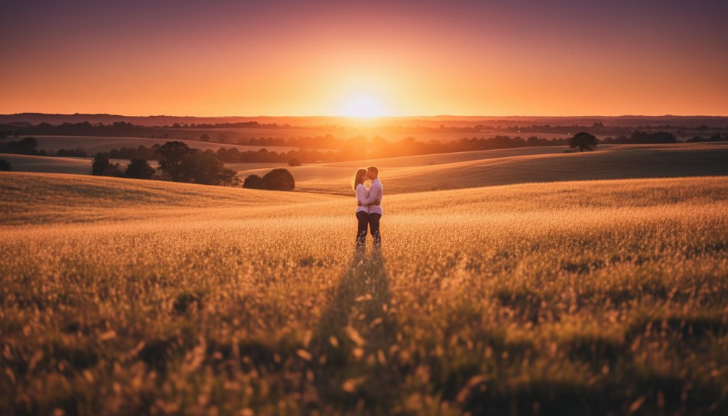 A breathtaking wide shot capturing a couple embracing passionately at sunset amidst the golden fields of Notting Hill, featuring dramatic backlighting and a romantic mood, ideal for Notting Hill pre-wedding photography romantic Melbourne photoshoot.