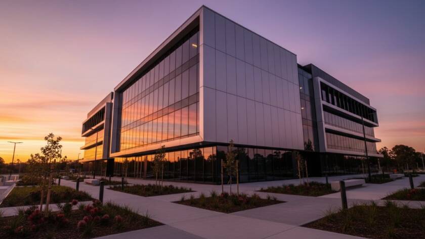 A dramatic twilight shot showcasing the sleek, modern lines of a new commercial building in Notting Hill Victoria, illuminated by warm interior lights and a glowing sunset, captured with Notting Hill Victoria architecture photography Melbourne expertise.